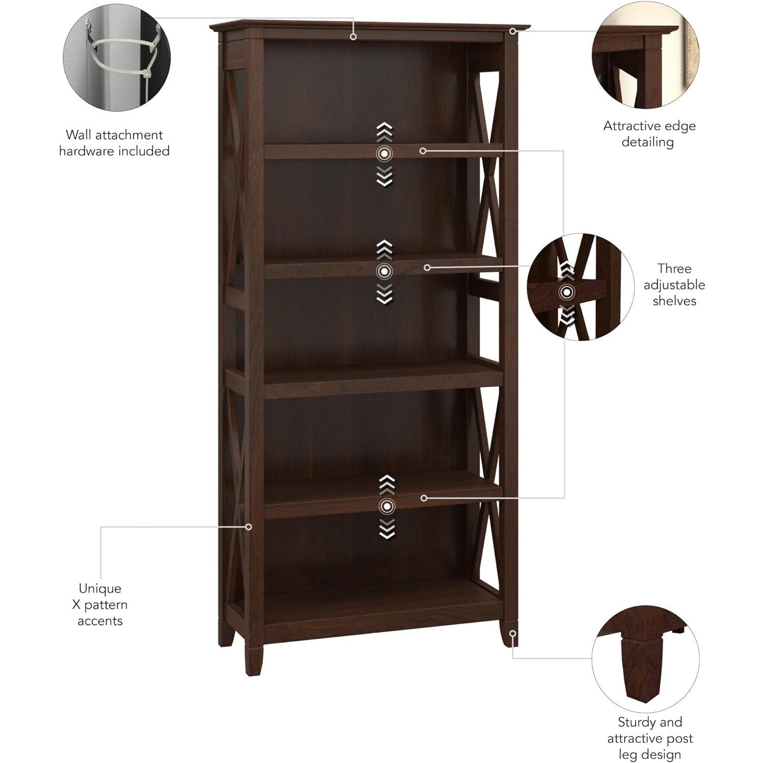 Bush Furniture Tall 5 Shelf Bookcase for Living Room or Home Office, Large Bookshelf, Modern Farmhouse Style, Key West Collection, Bing Cherry-4