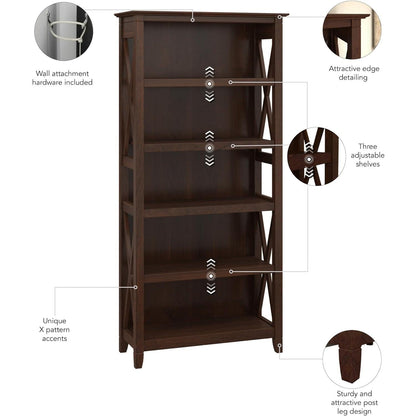 Bush Furniture Tall 5 Shelf Bookcase for Living Room or Home Office, Large Bookshelf, Modern Farmhouse Style, Key West Collection, Bing Cherry-4
