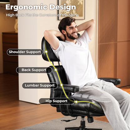 Ergonomic Home Office Chair, Mid-Century Modern Leather Chair with Lumbar Support, High Back Swivel Rolling Executive Chair with Comfy Thick Cushion (Black, PU Leather)-2