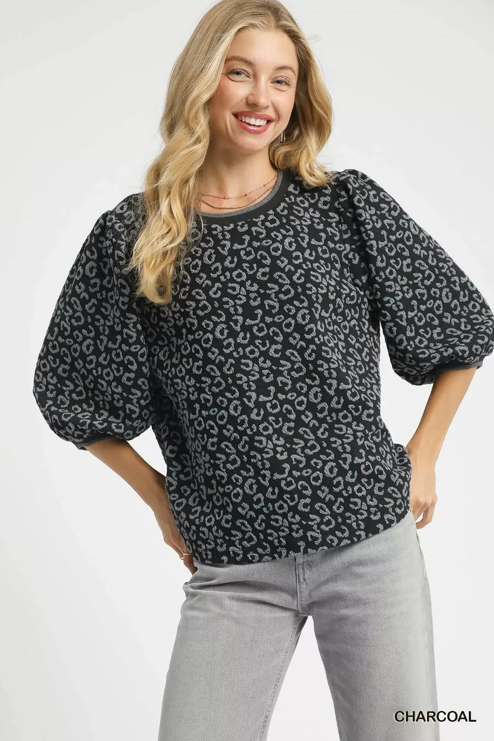 Umgee Leopard Print Jacquard Blouse with Puff Sleeves