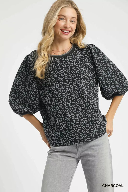 Umgee Leopard Print Jacquard Blouse with Puff Sleeves