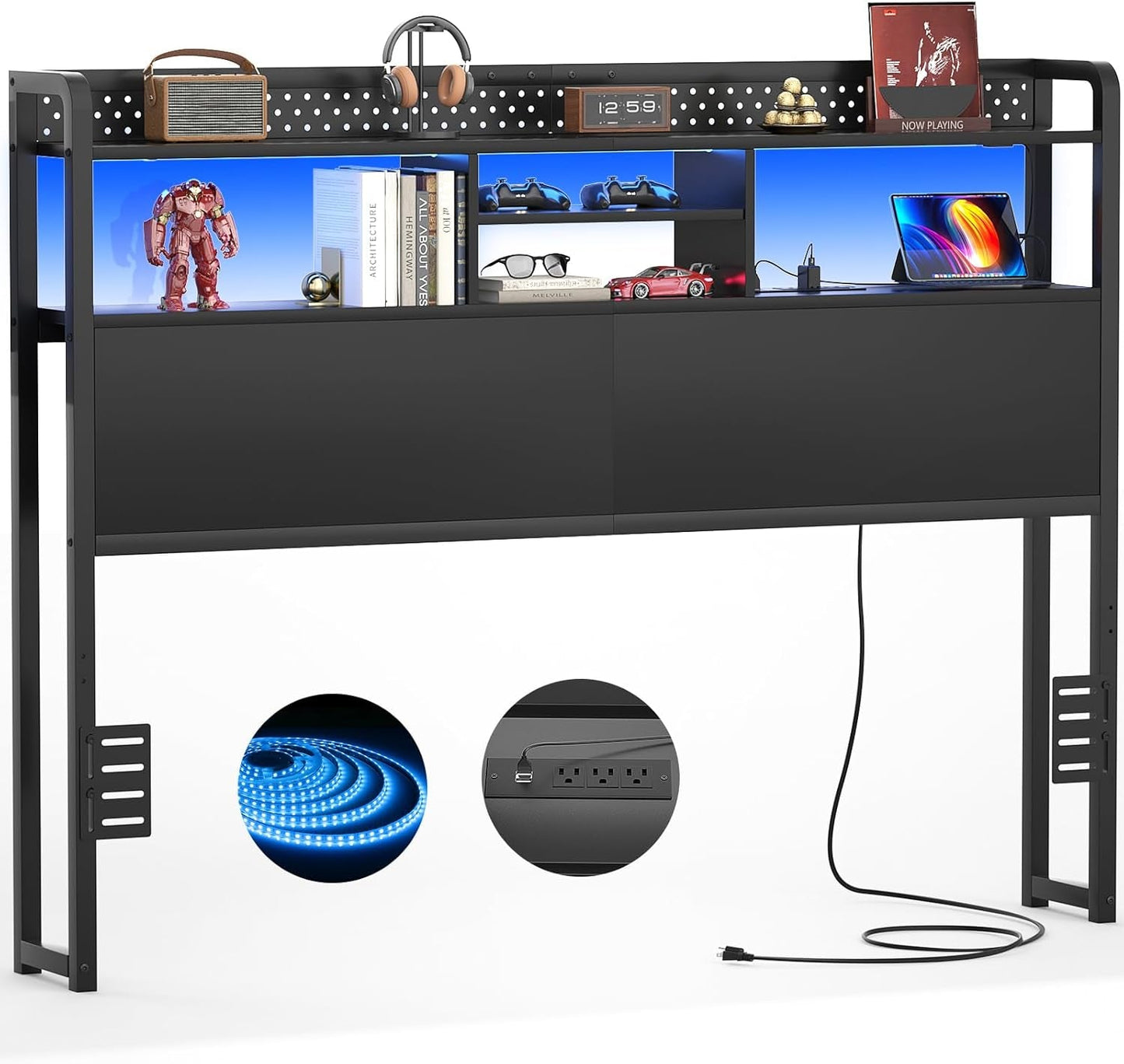 Queen Size Headboard with USB Ports and LED Light-0