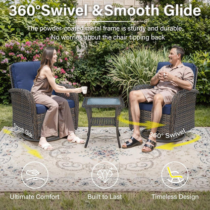 5 Piece Outdoor Patio Furniture Set with 50000 BTU Propane Fire Pit Table, Deep Seating Wicker Swivel Rocker Chairs and Loveseat Glider Patio Conversation Set for Deck Poolside Backyard Blue-1