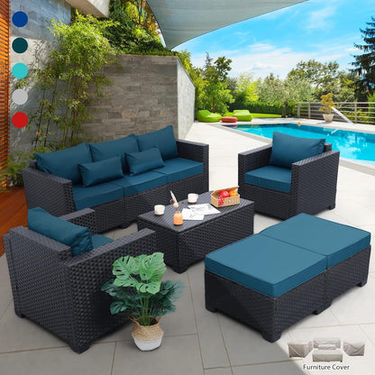 Patio Furniture Set 6 Pieces Couch Outdoor Chairs Coffee Table Peacock Blue Anti-Slip Cushions and Waterproof Covers-1