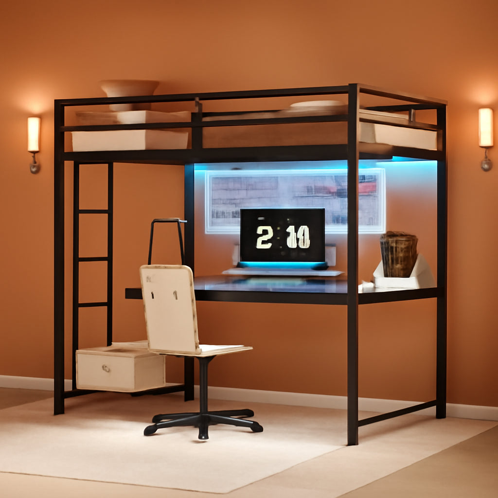Loft Bed Twin Size with Desk, Metal Loft Bed Frame with Power Outlet and LED Lighted, Space-Saving, Noise Free, Black-0