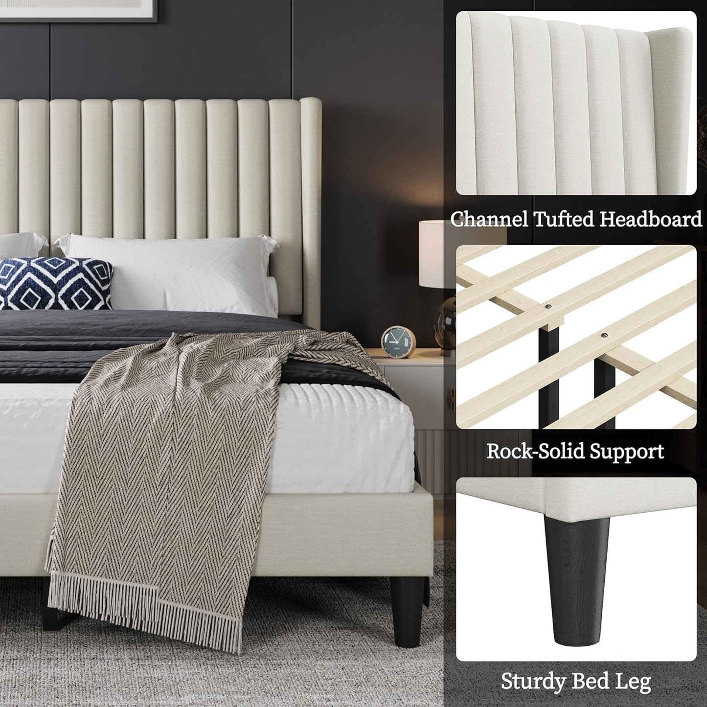 Queen Upholstered Platform Bed With Beige Headboard-3