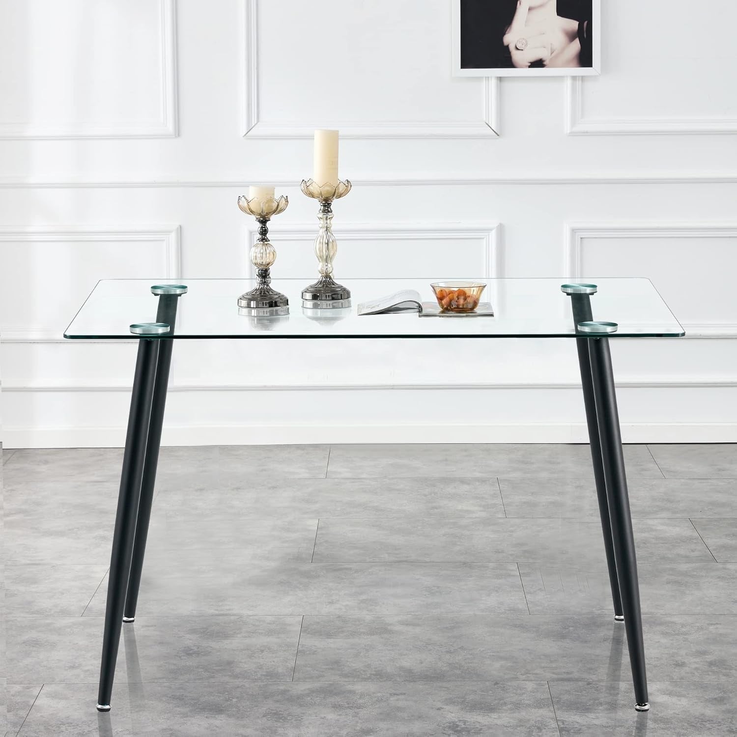 51 Inch Glass Dining Table for 4, Rectangular Glass Dining Room Table with Clear Tempered Glass Tabletop, Glass Kitchen Table with Black Metal Legs for Dining Room Living Room-2
