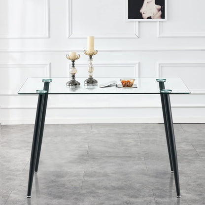 51 Inch Glass Dining Table for 4, Rectangular Glass Dining Room Table with Clear Tempered Glass Tabletop, Glass Kitchen Table with Black Metal Legs for Dining Room Living Room-2