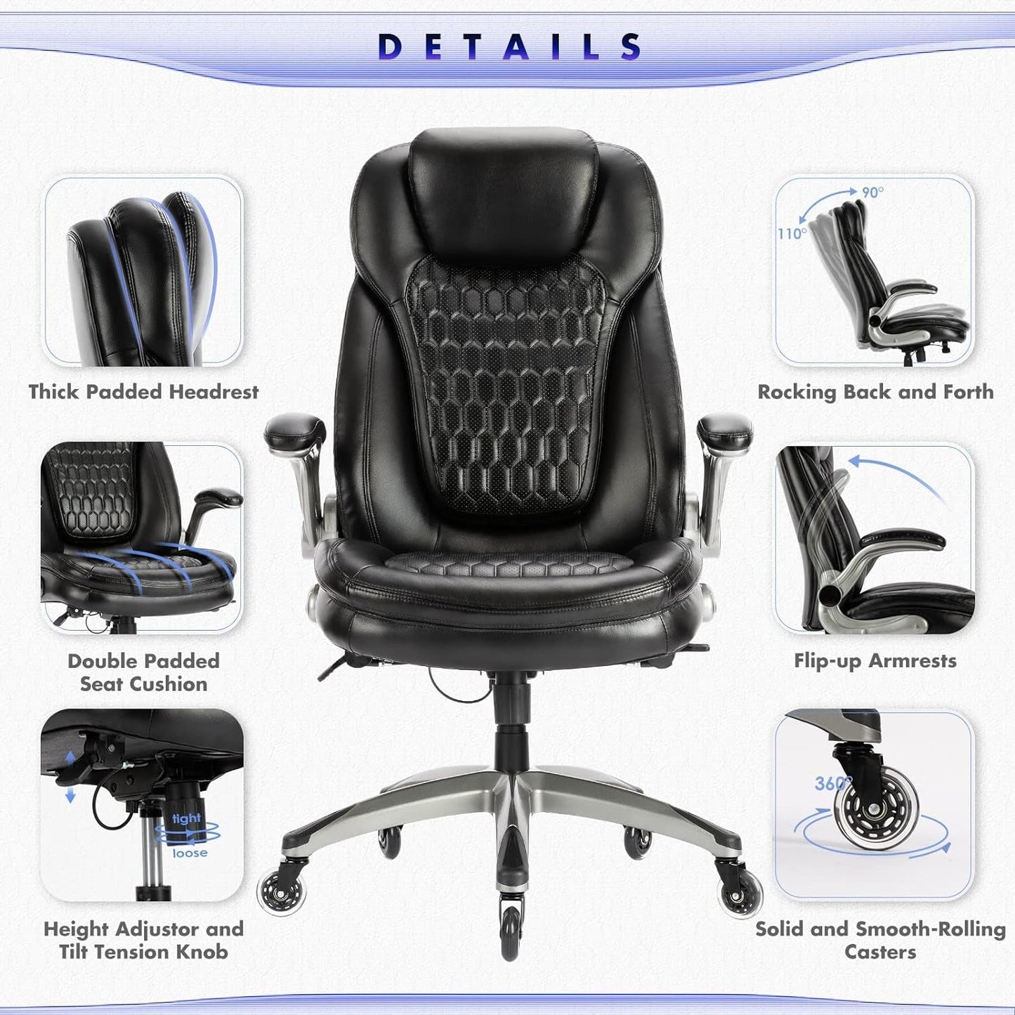 Executive Office Chair-Ergonomic Computer Desk Chair, High Back Leather Chair with Padded Flip-Up Arms, Swivel Home Office Chair Upgraded Caster-Black-3