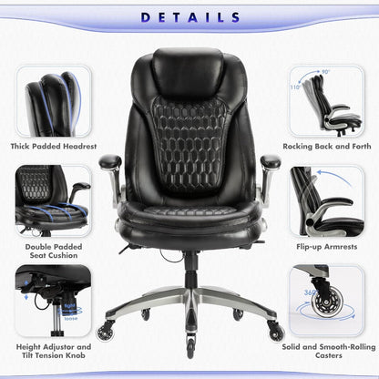 Executive Office Chair-Ergonomic Computer Desk Chair, High Back Leather Chair with Padded Flip-Up Arms, Swivel Home Office Chair Upgraded Caster-Black-3