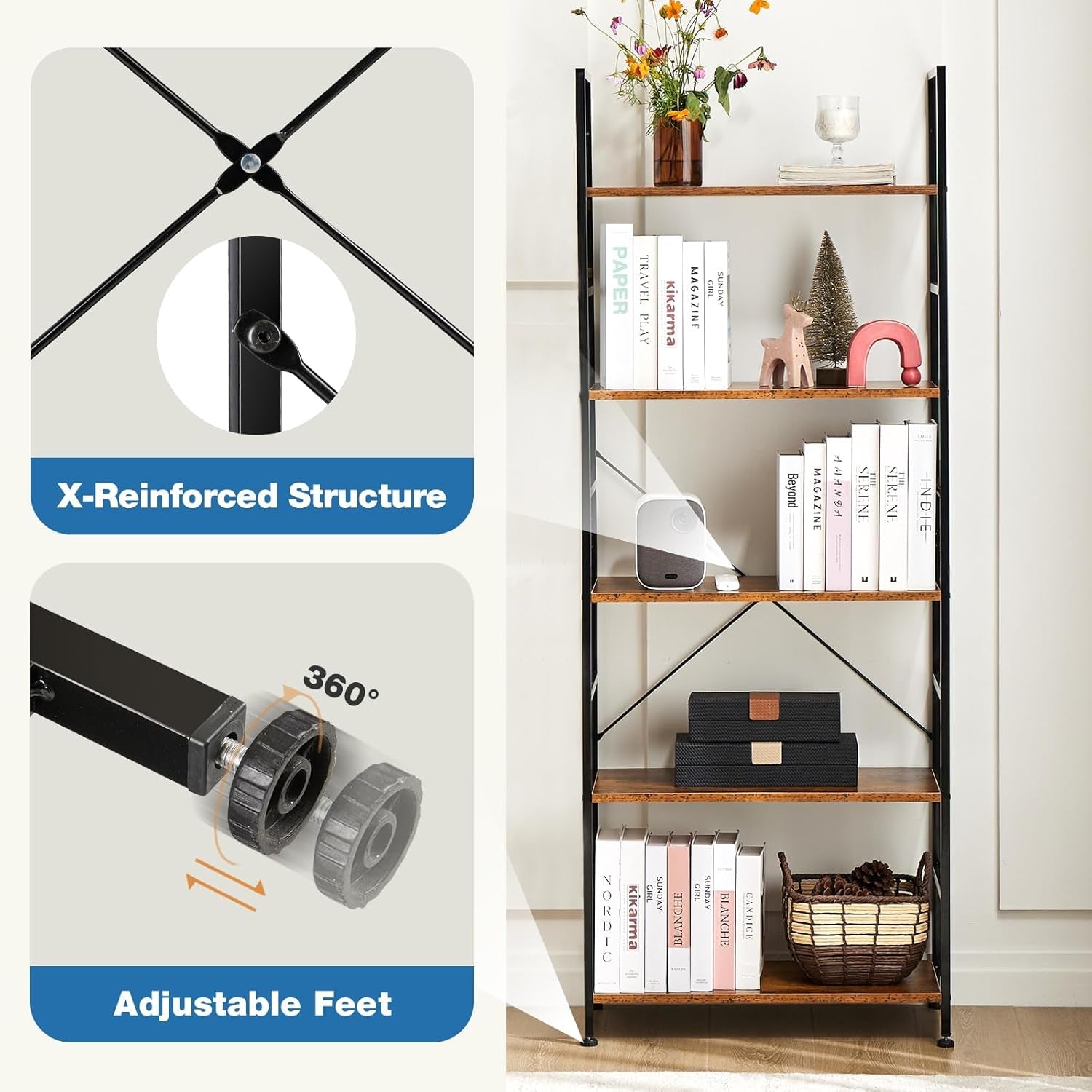 Rustic Brown Five Tier Bookshelf Narrow Space Saver-4