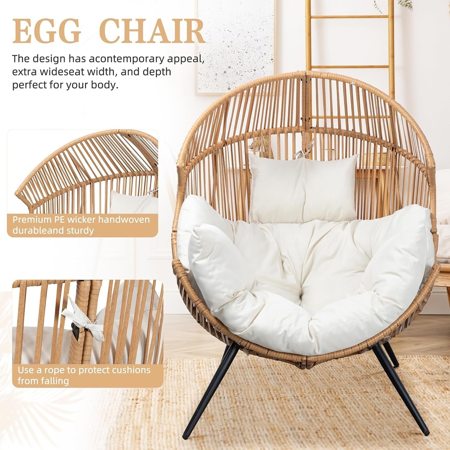 Wicker Egg Chair PE Rattan Chair with Cushion, Oversized Patio Lounge Chair for Outdoor, Indoor, Balcony, Backyard, Garden, Living Room, Beige-3