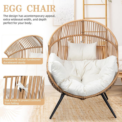 Wicker Egg Chair PE Rattan Chair with Cushion, Oversized Patio Lounge Chair for Outdoor, Indoor, Balcony, Backyard, Garden, Living Room, Beige-3