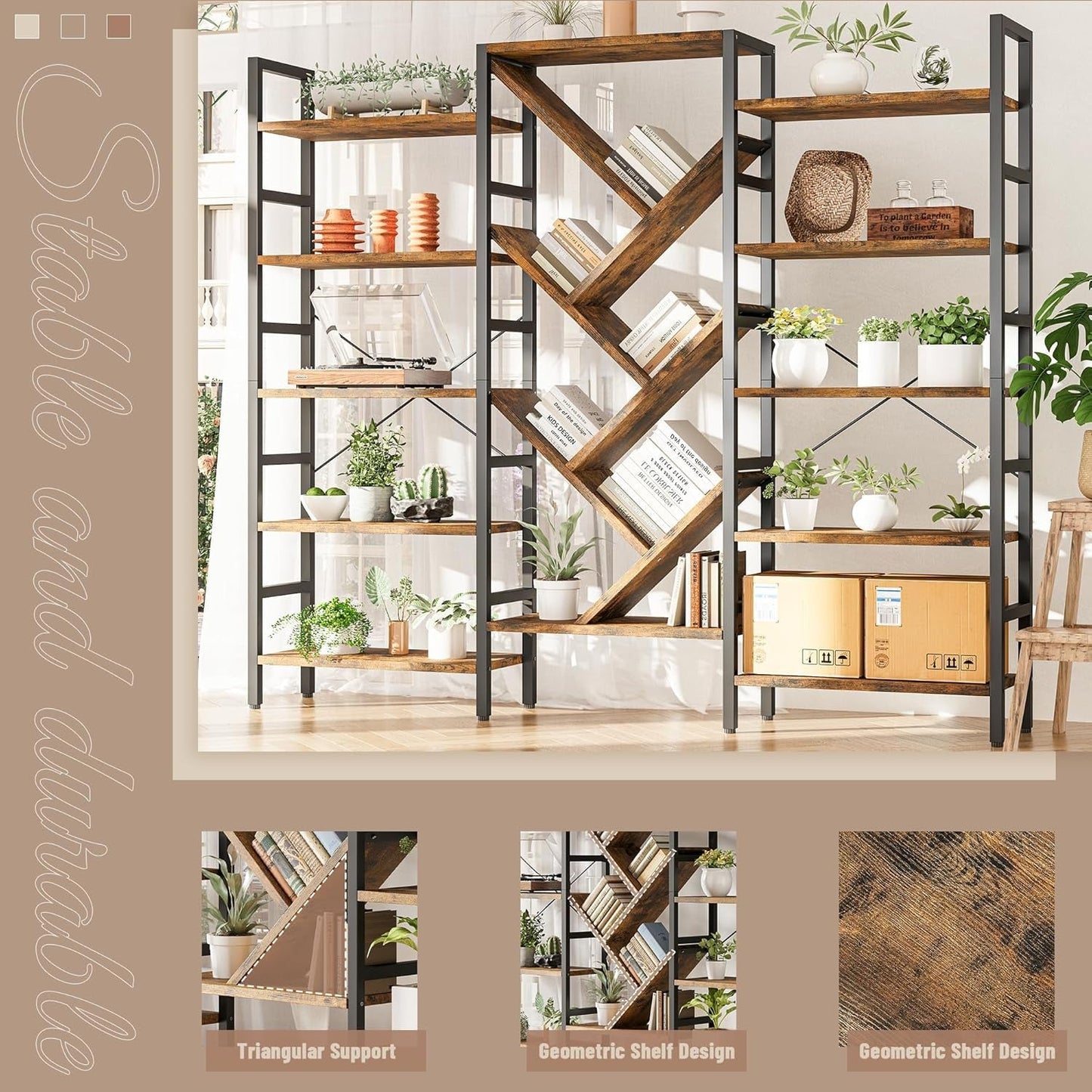 Rustic Brown Triple 5 Tier Wooden Bookcase With Metal Frame-4