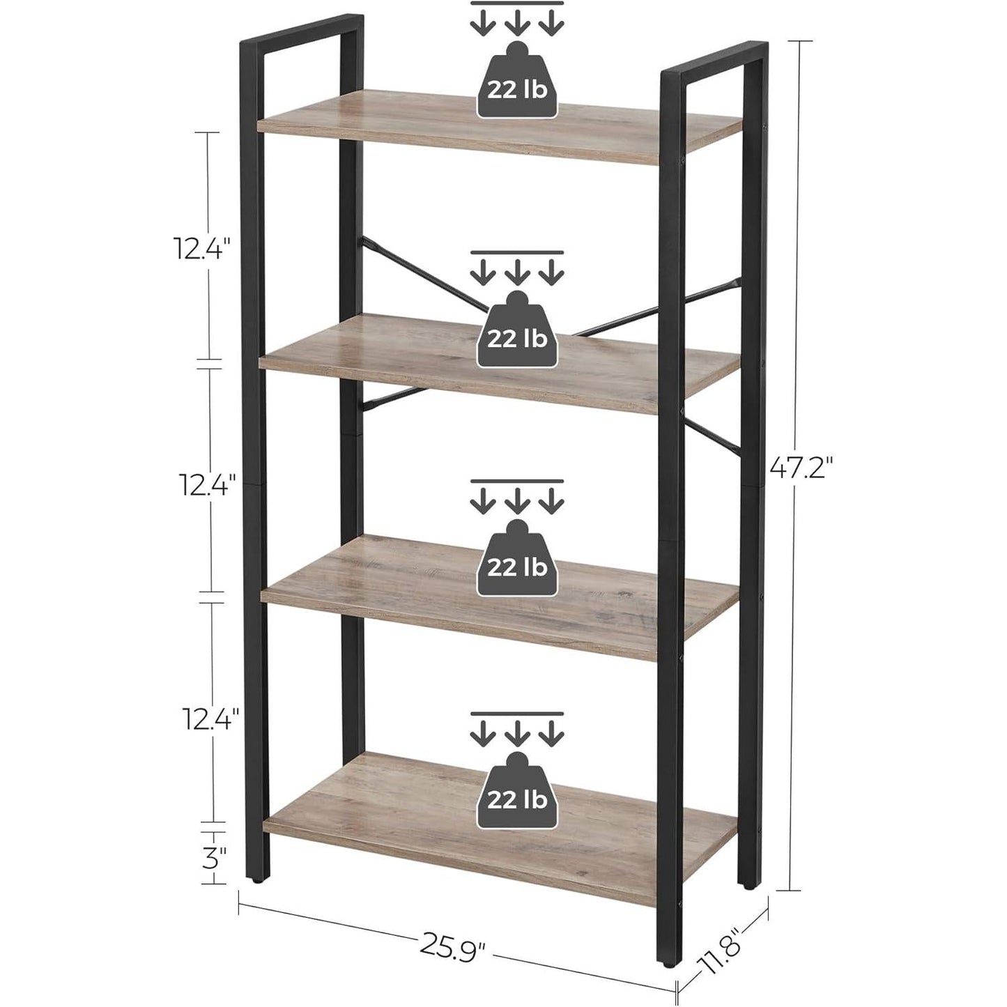 4-Tier Tall Bookshelf, Bookcase with Steel Frame, Book Shelf for Living Room, Home Office, Study, 11.8 X 25.9 X 47.2 Inches, Industrial Style, Greige and Black ULLS060B02-2