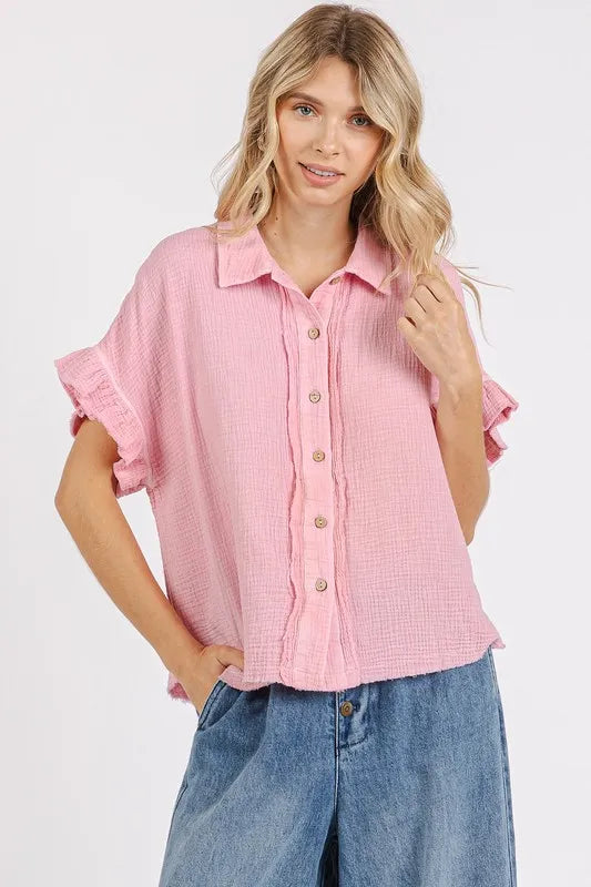 Mittoshop Mineral Washed Button Down Flounce Sleeve Shirt