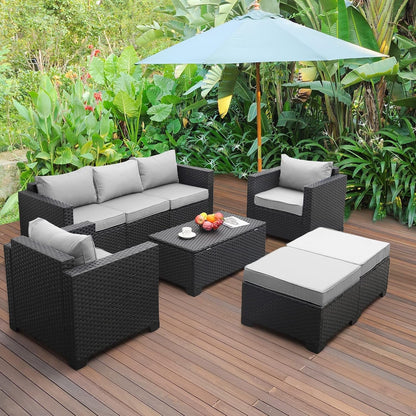 Patio Wicker Furniture Set 6 Pieces Outdoor HDPE Wicker Conversation Couch Sectional Chair Sofa Set with Grey Cushions-0