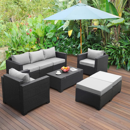 Patio Wicker Furniture Set 6 Pieces Outdoor HDPE Wicker Conversation Couch Sectional Chair Sofa Set with Grey Cushions-0