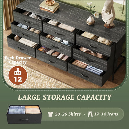 9 Drawer Dresser, 55 Inch Dresser TV Stand for 55, 60 Inch TV, Entertainment Center with Drawers, Large Storage Fabric Dresser for Bedroom, Closet, Charcoal Black Wood Grain Print-3