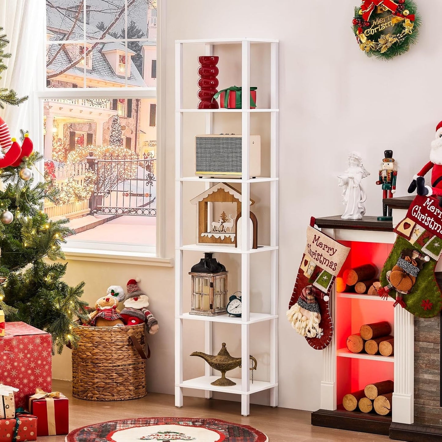 66In Tall Bookshelf 6-Tier Small Narrow Bookcase, Skinny Book Shelf for Small Space, Farmhouse Slim Shelf with Storage, Wood Freestanding Display Thin Bookshelves for Living Room, Office, White-2