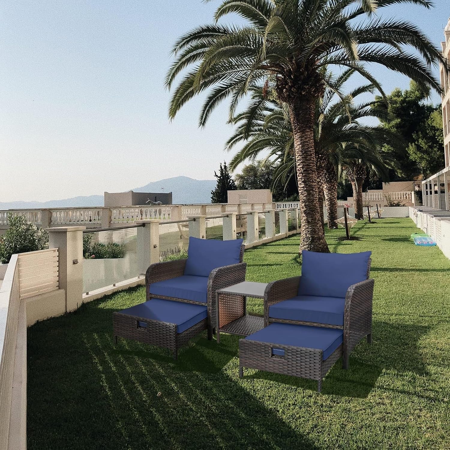 Balcony Furniture 5 Piece Patio Conversation Set, PE Wicker Rattan Outdoor Lounge Chairs with Soft Cushions 2 Ottoman&Glass Table for Porch, Lawn-Brown Wicker-4