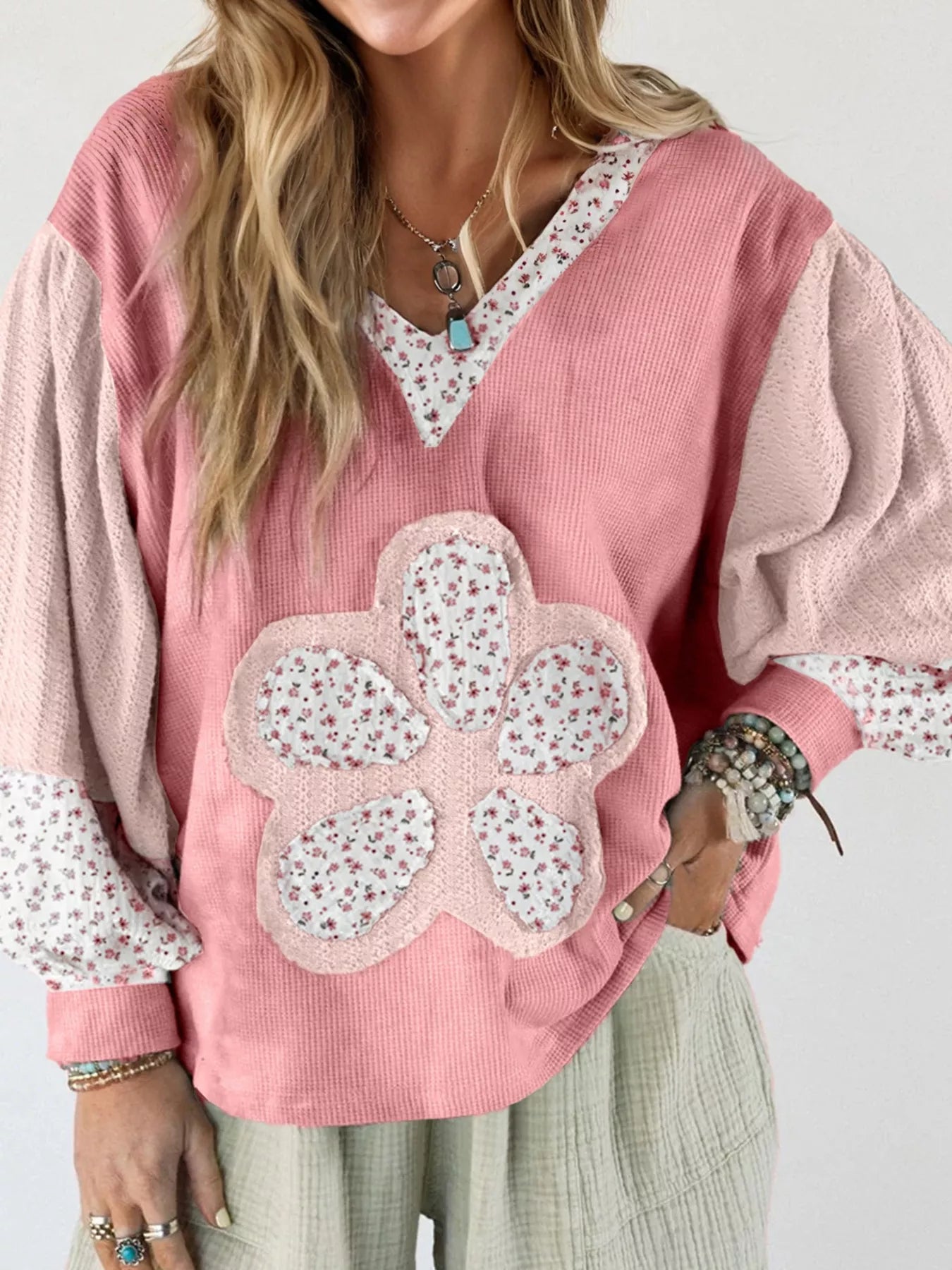 Floral Patch V-Neck Sweatshirt