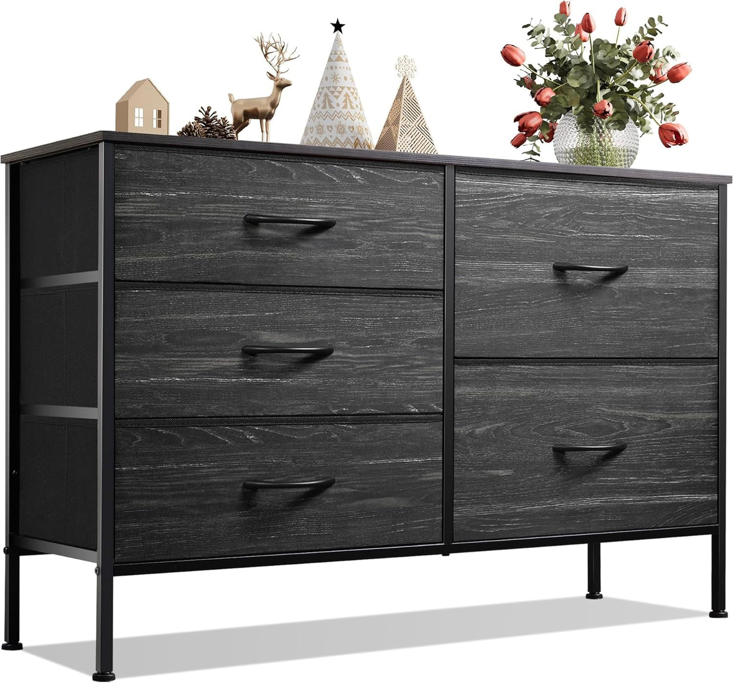 Dresser for Bedroom with 5 Drawers, Wide Bedroom Dresser with Drawer Organizers, Chest of Drawers, Fabric Dresser for Living Room, Closet, Hallway, Charcoal Black Wood Grain Print-0