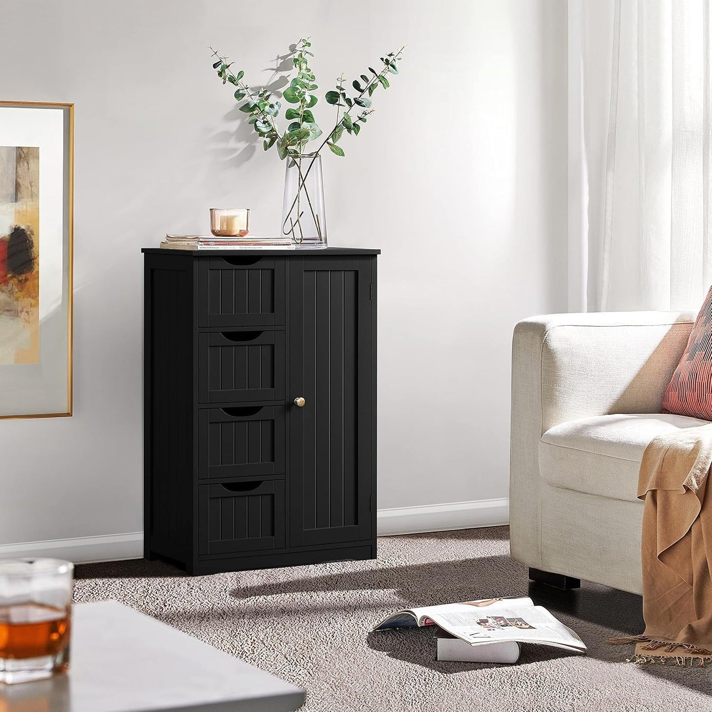 Wooden Bathroom Floor/Side Storage Organizer Cabinet with 4 Drawers and 1 Cupboard, Freestanding Entryway Storage Unit Console Table for Home Decor-3