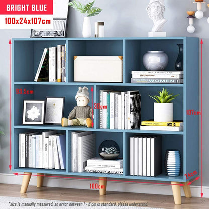 Wooden Open Shelf Bookcase - 3-Tier Floorstanding Display Cabinet Rack with Legs, 8 Cubes Free Standing Bookshelf, Bright Blue-1