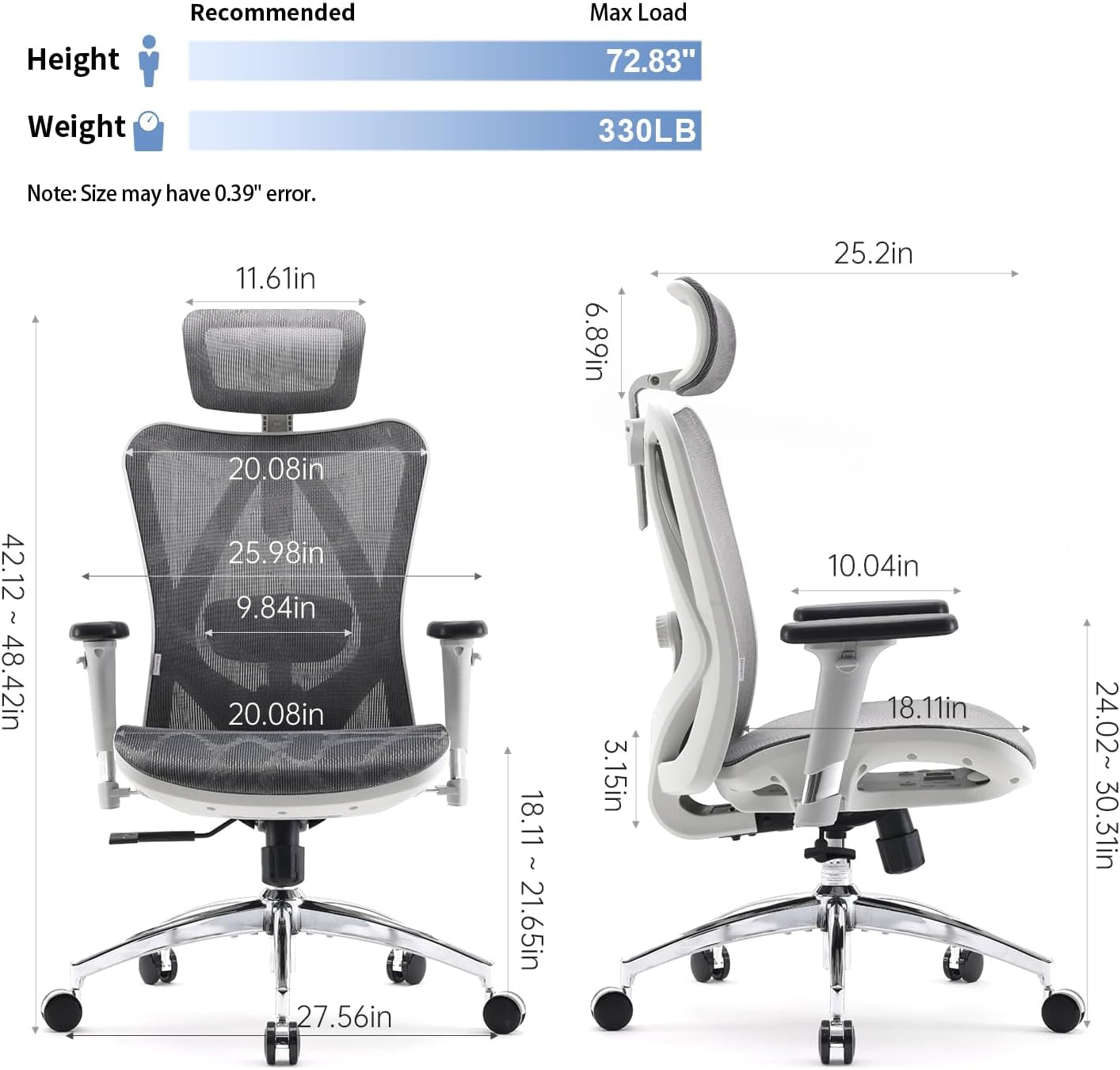 M57 Ergonomic Office Chair with 3 Way Armrests Lumbar Support and Adjustable Headrest High Back Tilt Function Light Grey-2