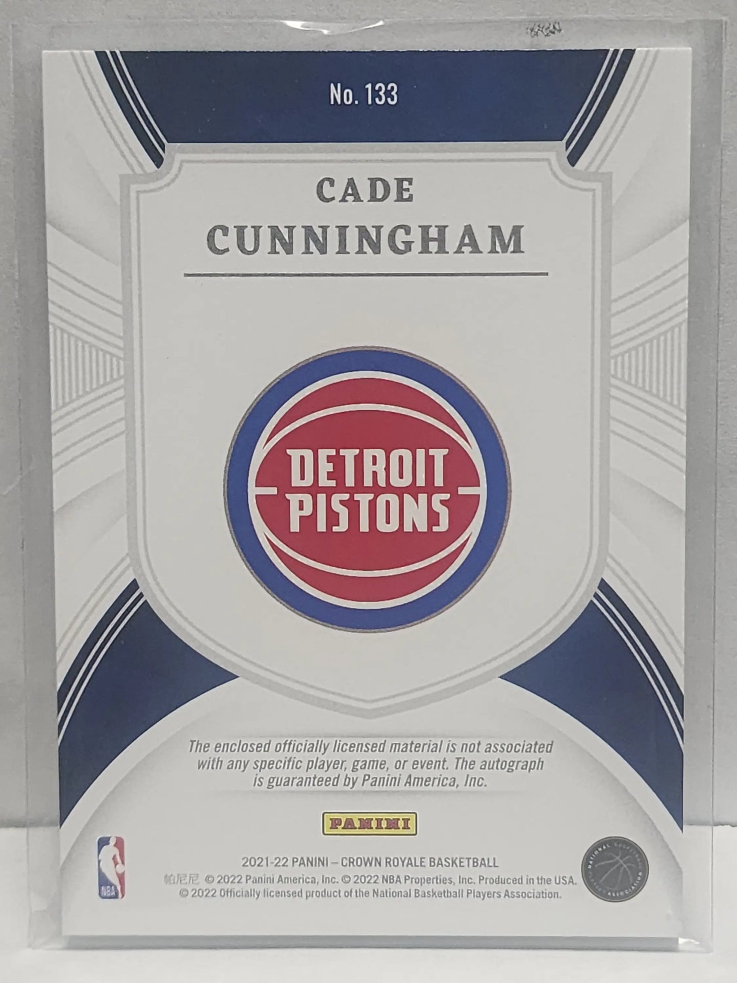 Cade Cunningham 2021 Panini Crown Royale Jersey Auto trading card featuring Pistons logo