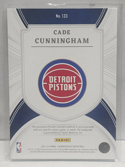 Cade Cunningham 2021 Panini Crown Royale Jersey Auto trading card featuring Pistons logo