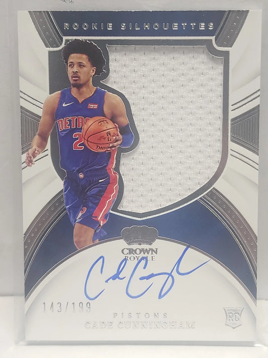 Basketball trading card of Cade Cunningham 2021 Panini Crown Royale Jersey Auto with patch