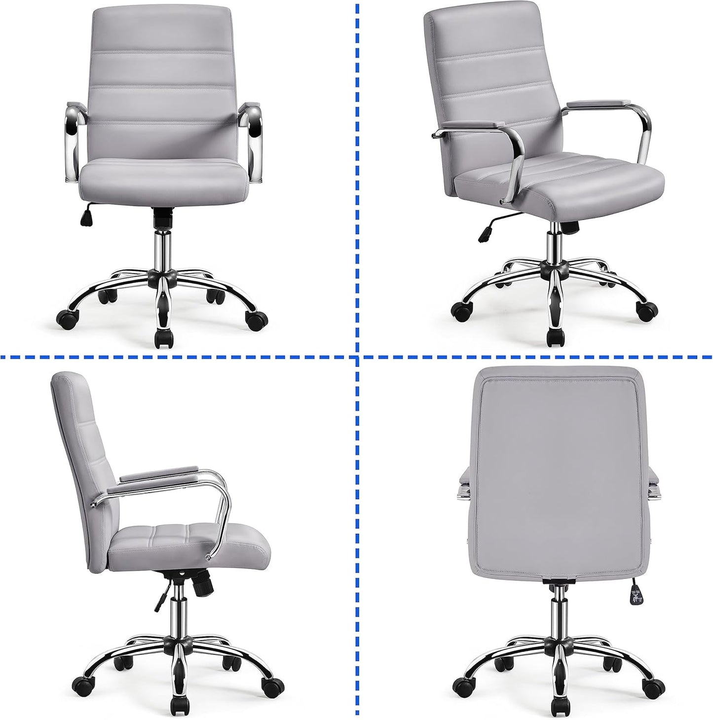 Mid-Back Office Chair with Arms Swivel PU Leather Height Adjustable Office Executive Chair, Light Gray-3