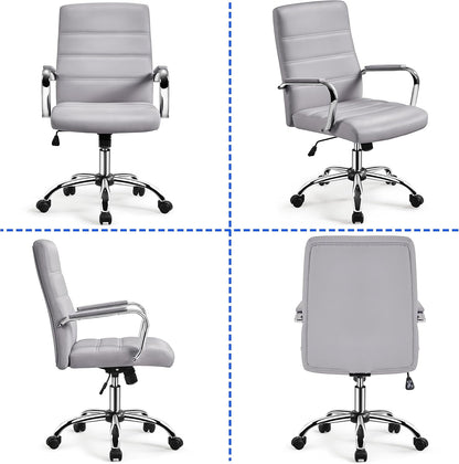 Mid-Back Office Chair with Arms Swivel PU Leather Height Adjustable Office Executive Chair, Light Gray-3