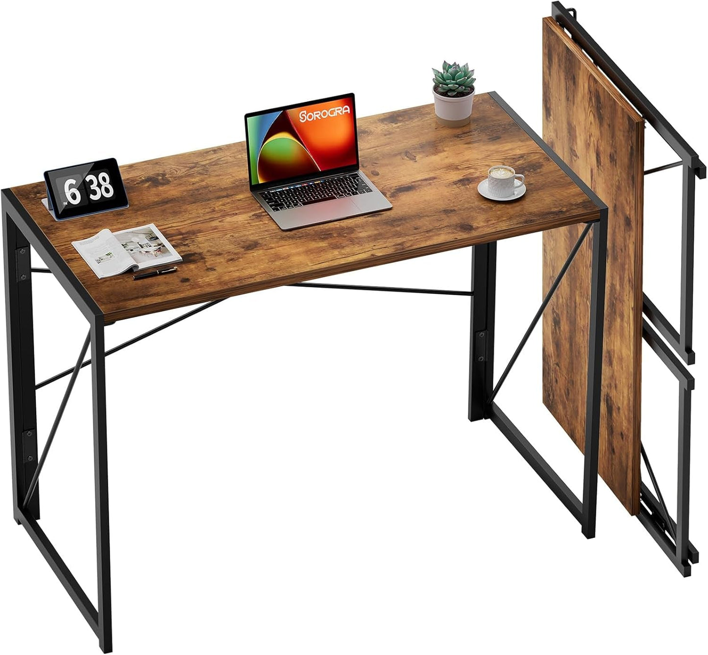 Small 39" Folding Desk No Assembly Vintage Brown-1