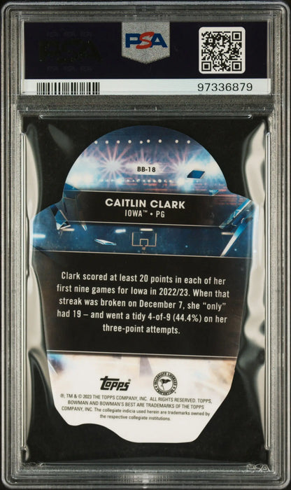 Caitlin Clark 2022 Bowman Best U Buckets Die Cuts PSA 9 Mint card with cosmic design