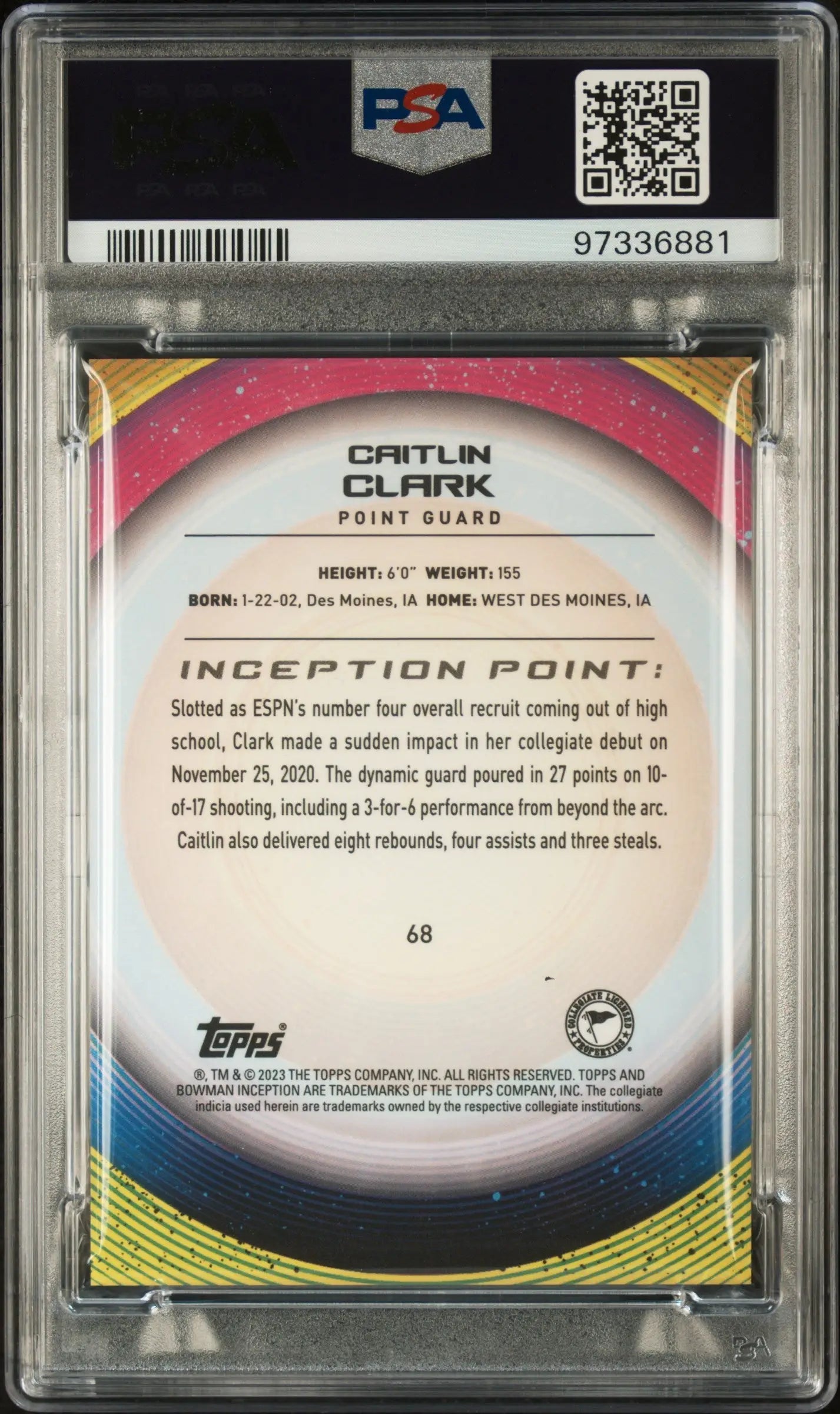 Graded Caitlin Clark Bowman U Inception basketball card in gem mint condition