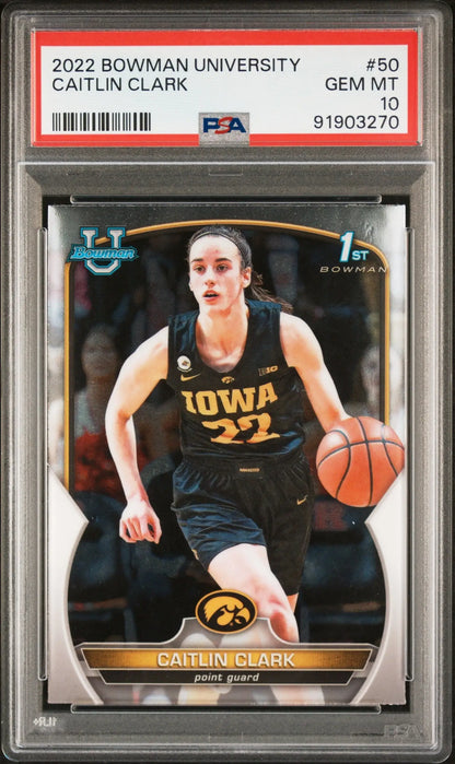 Caitlin Clark 2022 Bowman University basketball card PSA 10 Gem Mint display