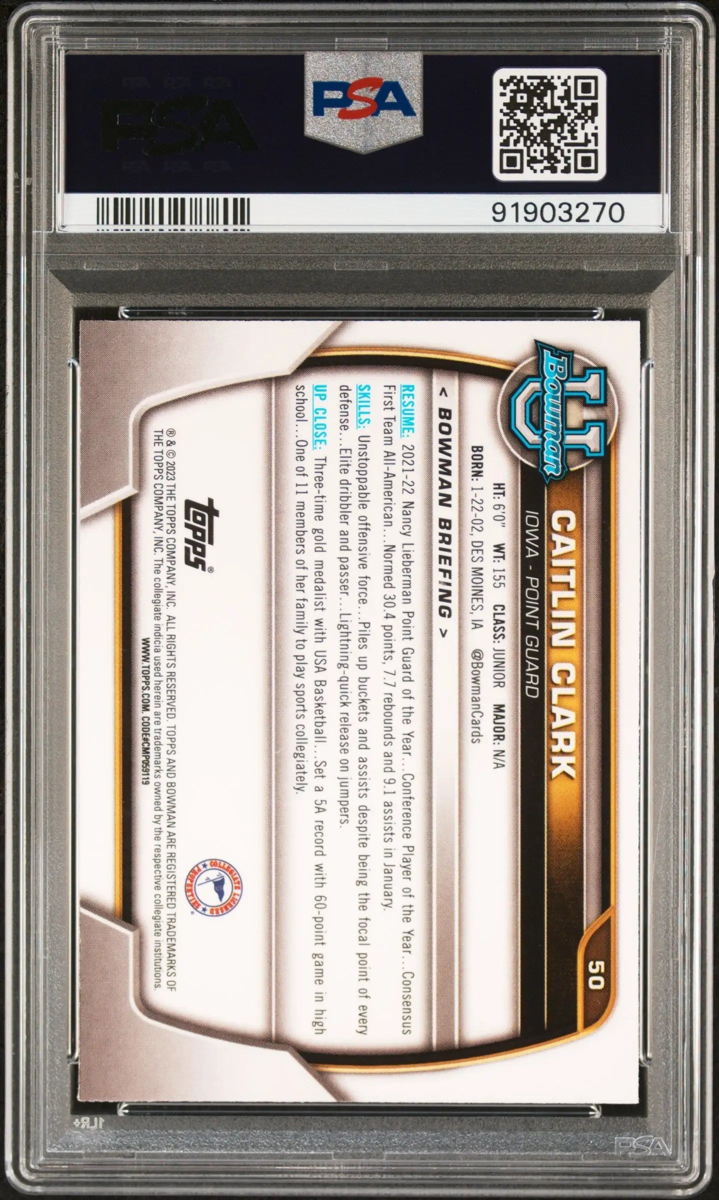 Caitlin Clark 2022 Bowman University trading card in protective slab PSA 10 Gem Mint