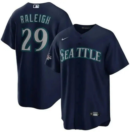 Dark blue Cal Raleigh Seattle Mariners MLB All-Star Game jersey with Raleigh 29 front and Seattle on back