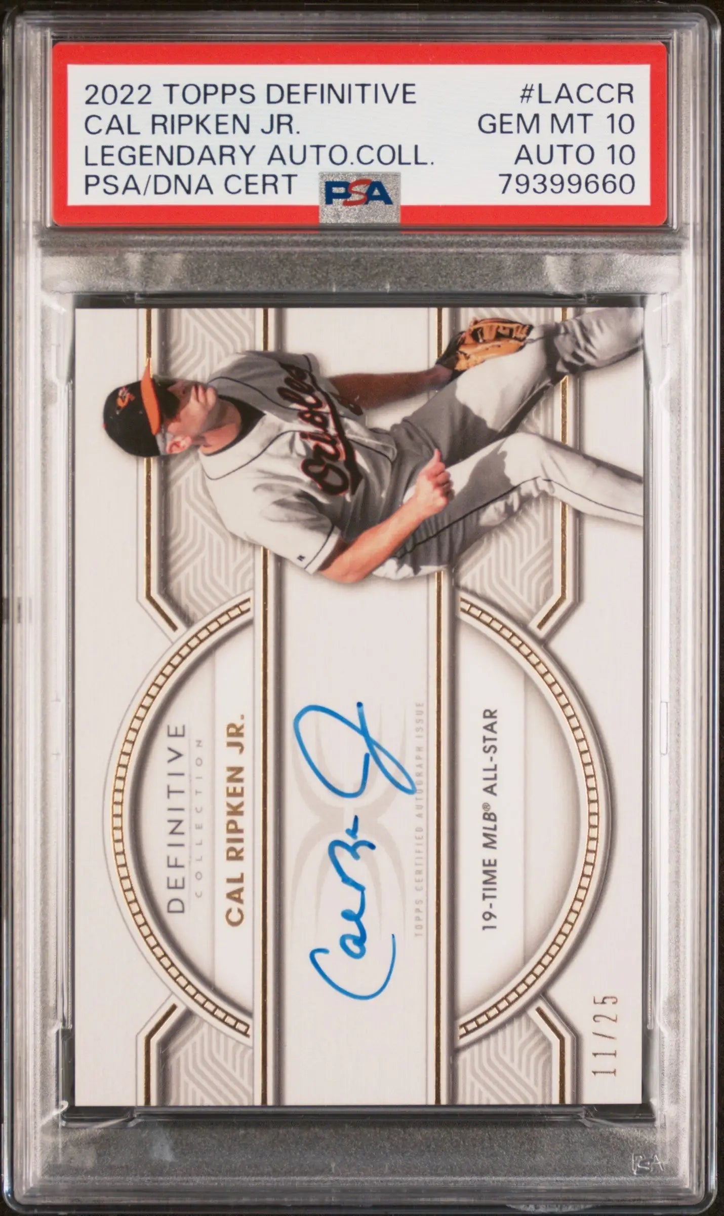 PSA-graded Cal Ripken Jr Topps Definitive Legendary Auto card with decorative design