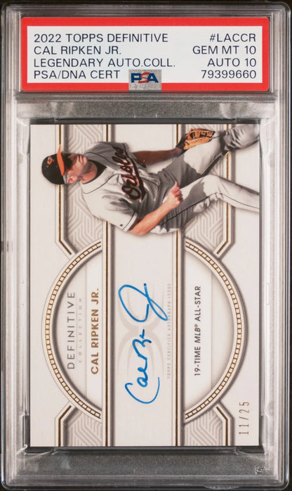 PSA-graded Cal Ripken Jr Topps Definitive Legendary Auto card with decorative design