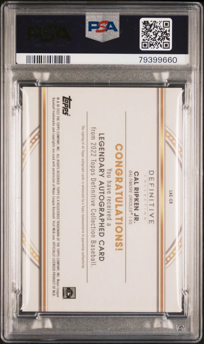 Cal Ripken Jr 2022 Topps Definitive Legendary Auto #11/25 in PSA-graded holder back view
