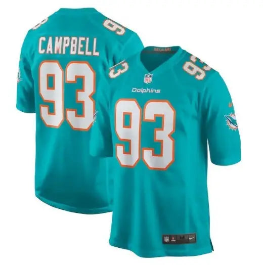 Teal Miami Dolphins Calais Campbell Nike Game Jersey with 93 on front and back