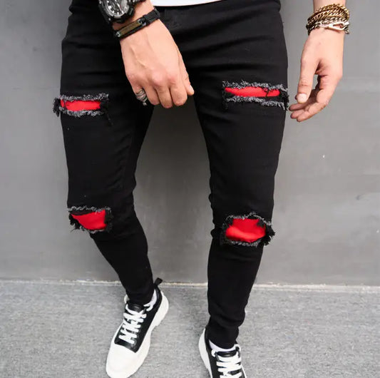 Men’s black ripped skinny jeans with red patches made from soft main fabric, Calça Jeans American