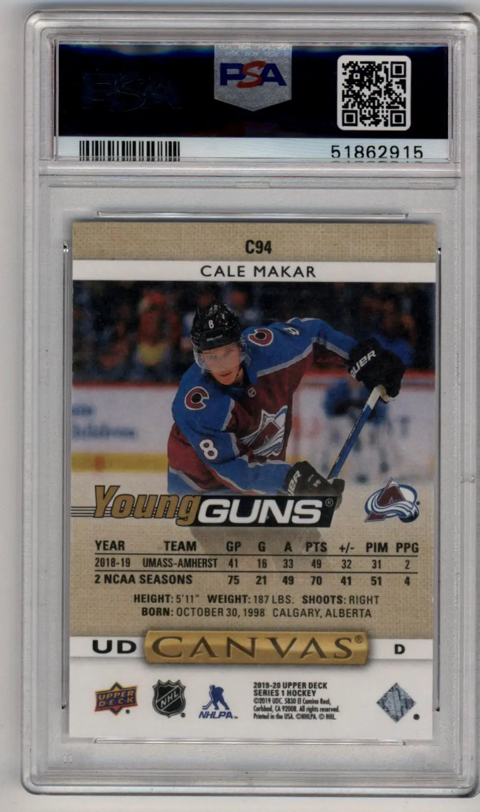 Cale Makar 2019-20 U.D. Canvas PSA 10 Gem Mint 2915 - Singles