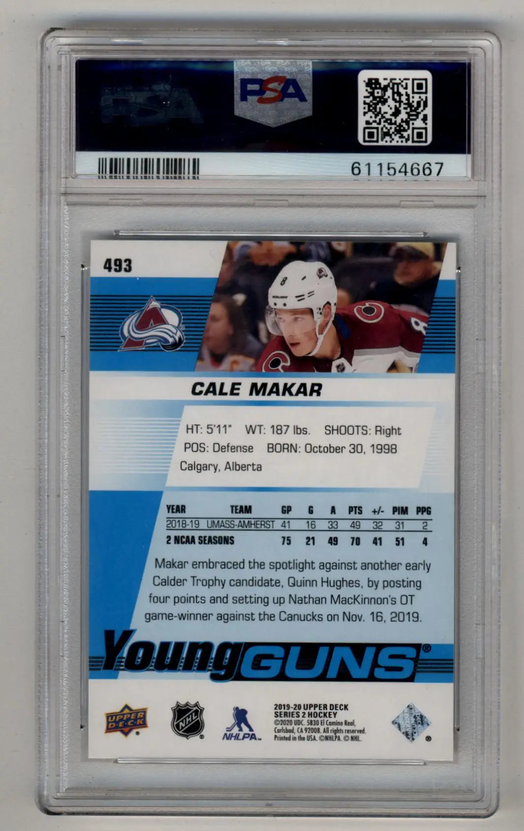 PSA-graded Cale Makar Young Gun rookie card in protective case from Upper Deck
