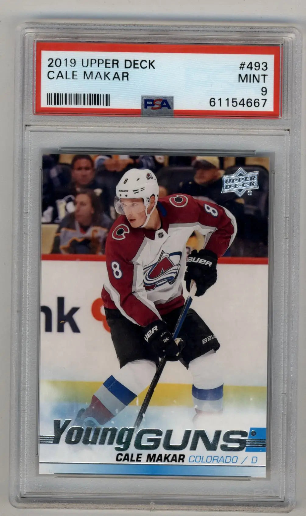 PSA-graded Cale Makar 2019-20 Upper Deck Young Gun Rookie Card featuring Avalanche colors