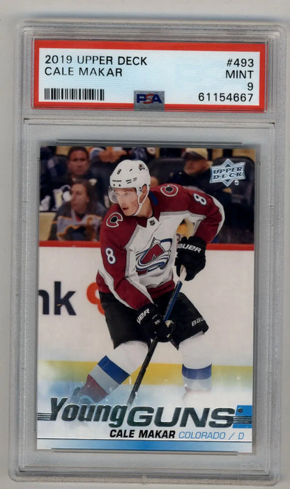 PSA-graded Cale Makar 2019-20 Upper Deck Young Gun Rookie Card featuring Avalanche colors